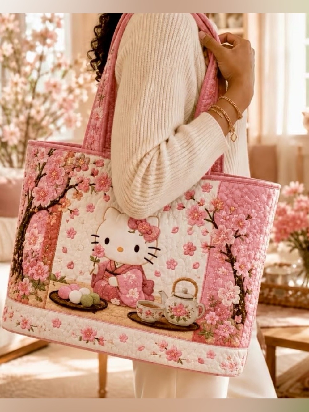 Sanrio Hello Kitty Pink Quilted Tea Time 3D Tote Bag Purse